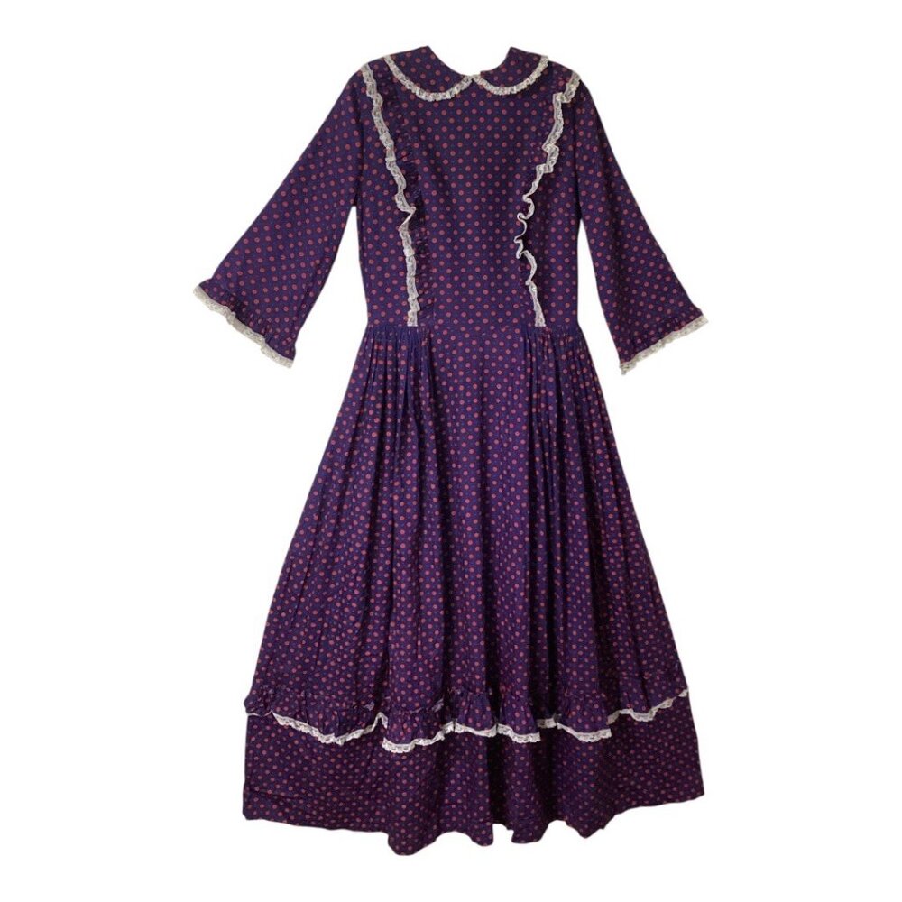 Vintage Blue & Red Floral Prairie Dress‎ & Bonnet - Size Large